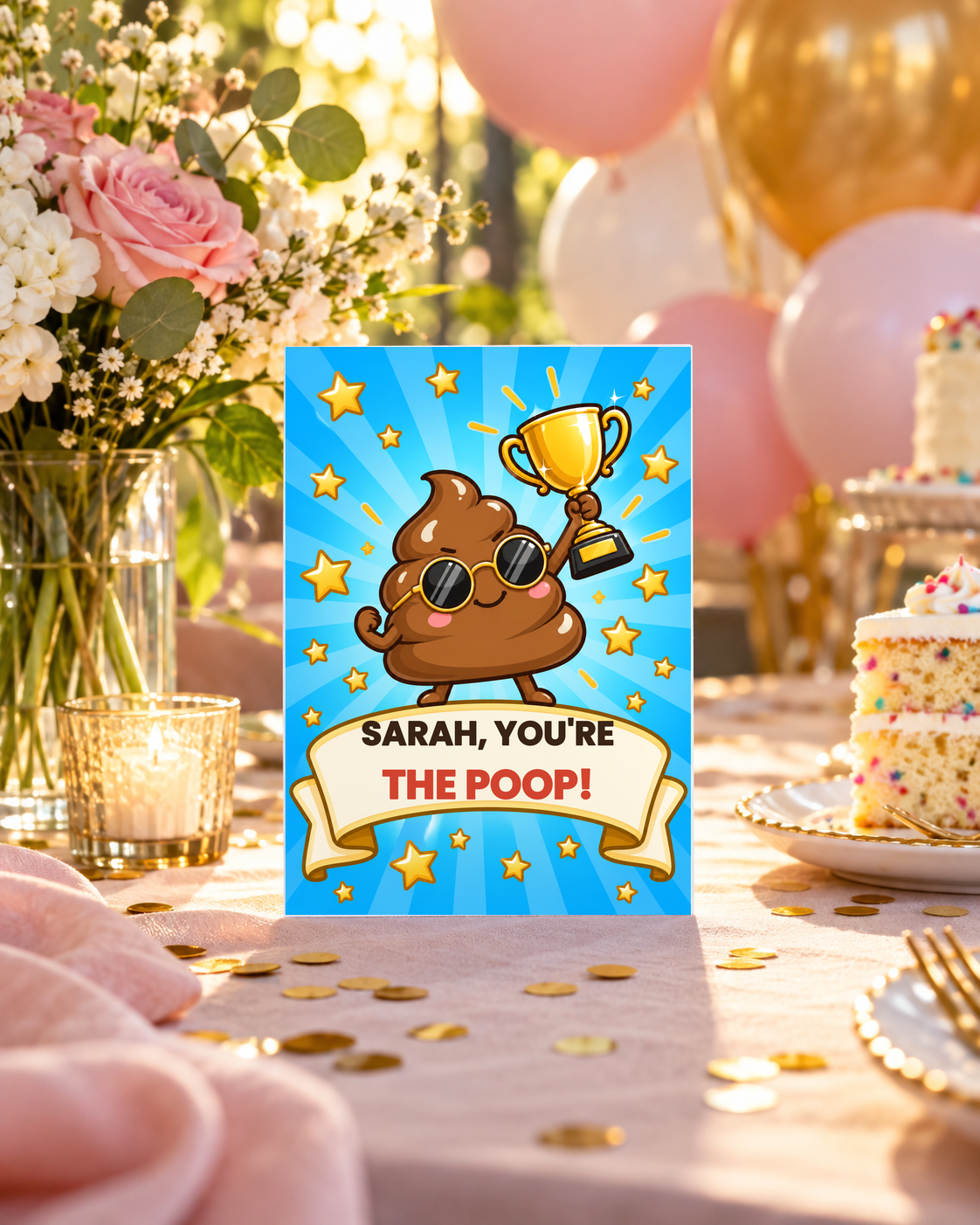 Congratulations card on a celebration table with balloons and cake