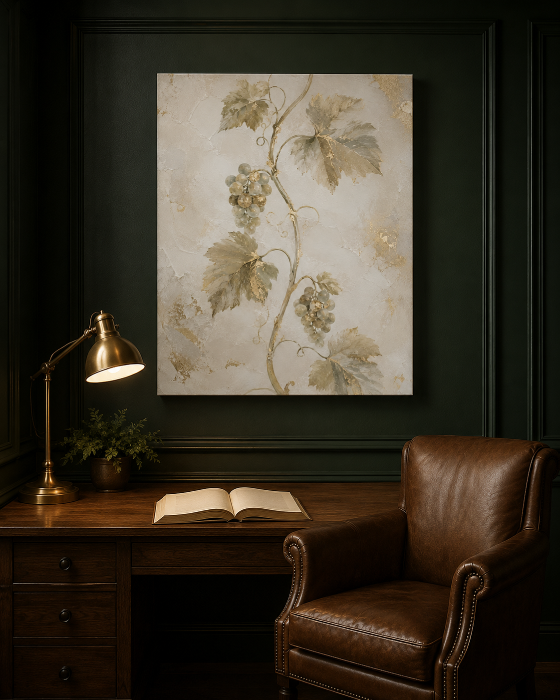 Vine and Branches canvas staged in a deep forest green study with walnut desk and open Bible