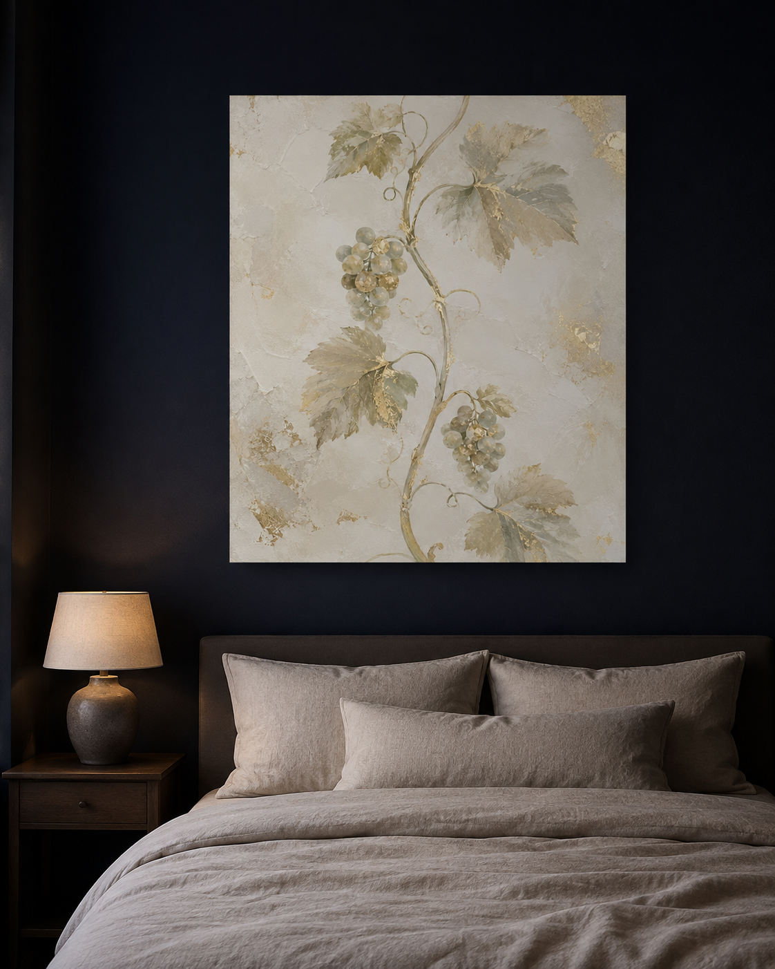 Vine and Branches canvas above a bed in a dark navy bedroom with oatmeal linen bedding