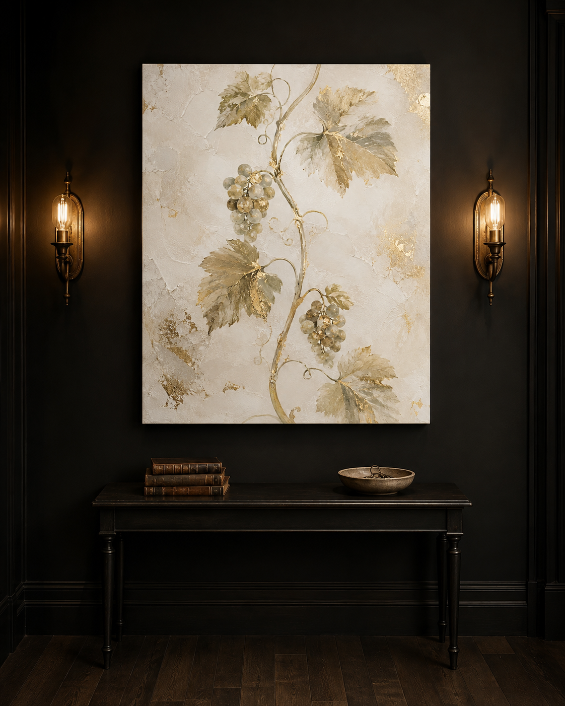 Vine and Branches canvas in a black entryway flanked by antique brass sconces