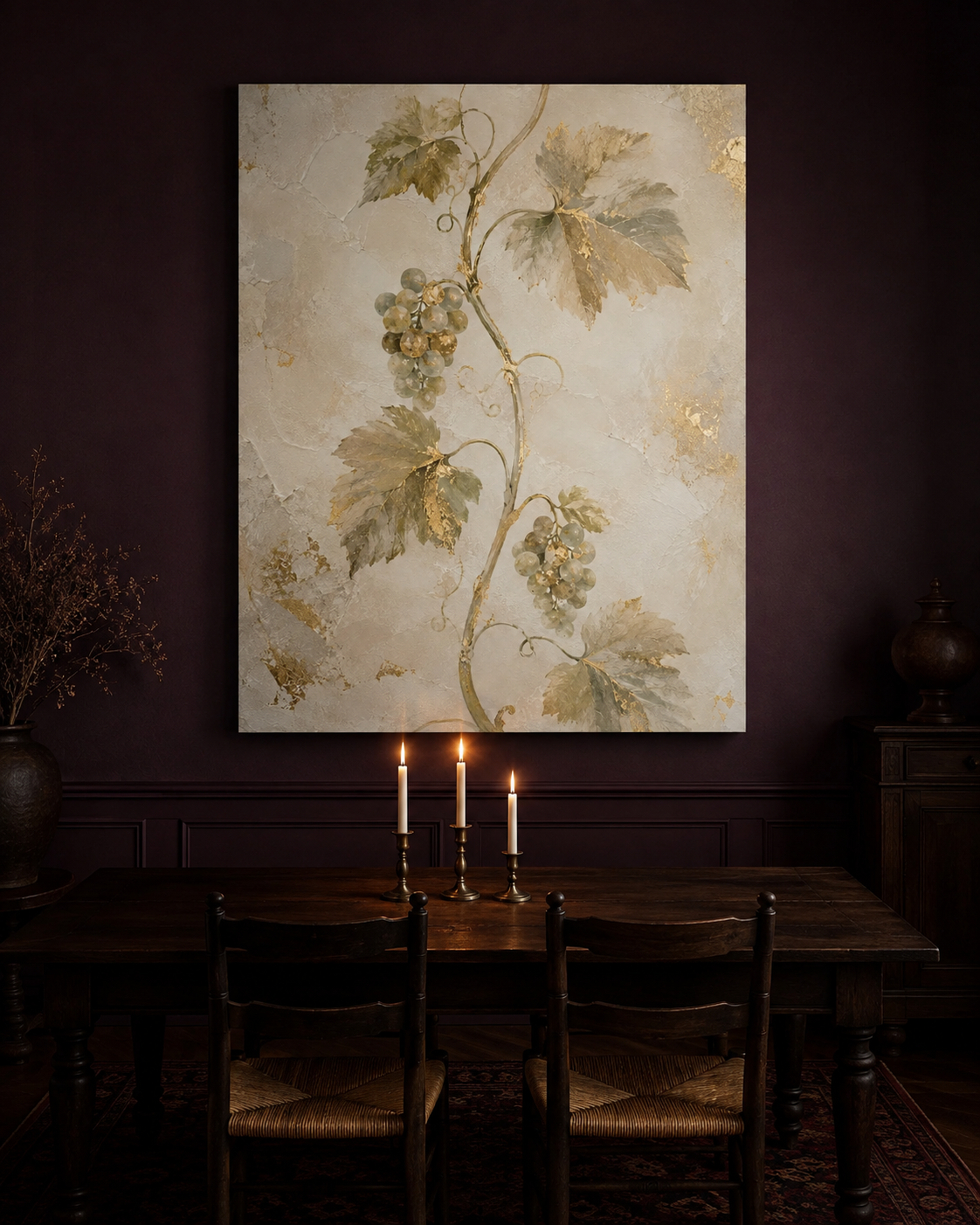 Vine and Branches canvas above a dark oak dining table with lit taper candles on an aubergine wall