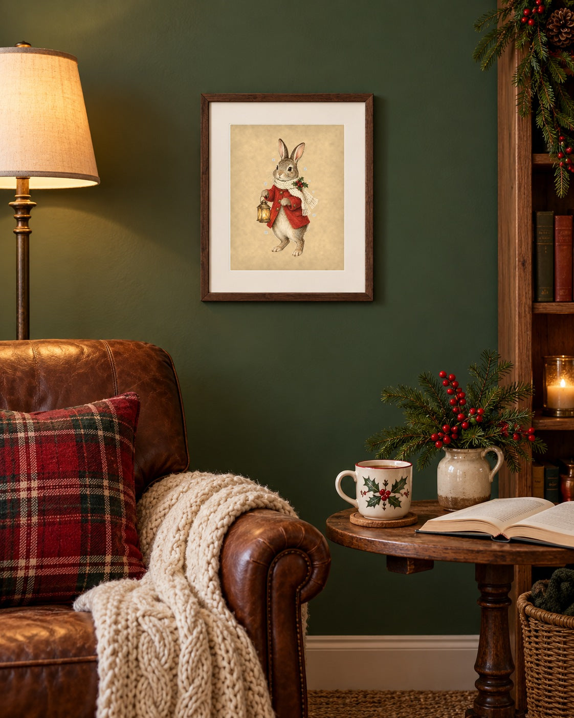 Framed vintage Christmas bunny print in a green reading nook with a leather armchair