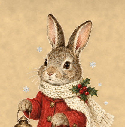 Close-up of the bunny's knitted scarf, holly sprig and red wool coat on the vintage Christmas print