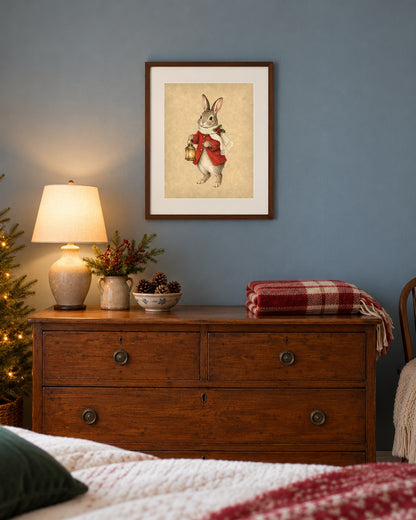 Framed vintage Christmas bunny print above a dresser in a dusty-blue bedroom