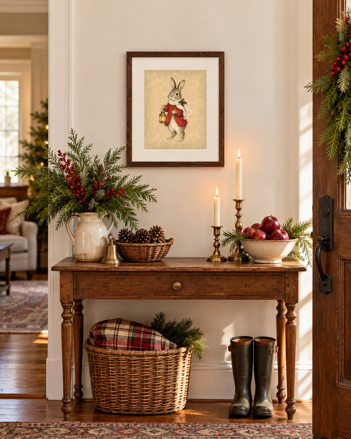 Framed vintage Christmas bunny print above an entryway console table with candles and apples