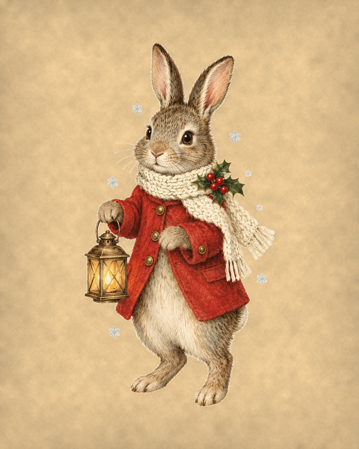 Vintage Christmas bunny in red coat 8x10 print on tea-stained parchment