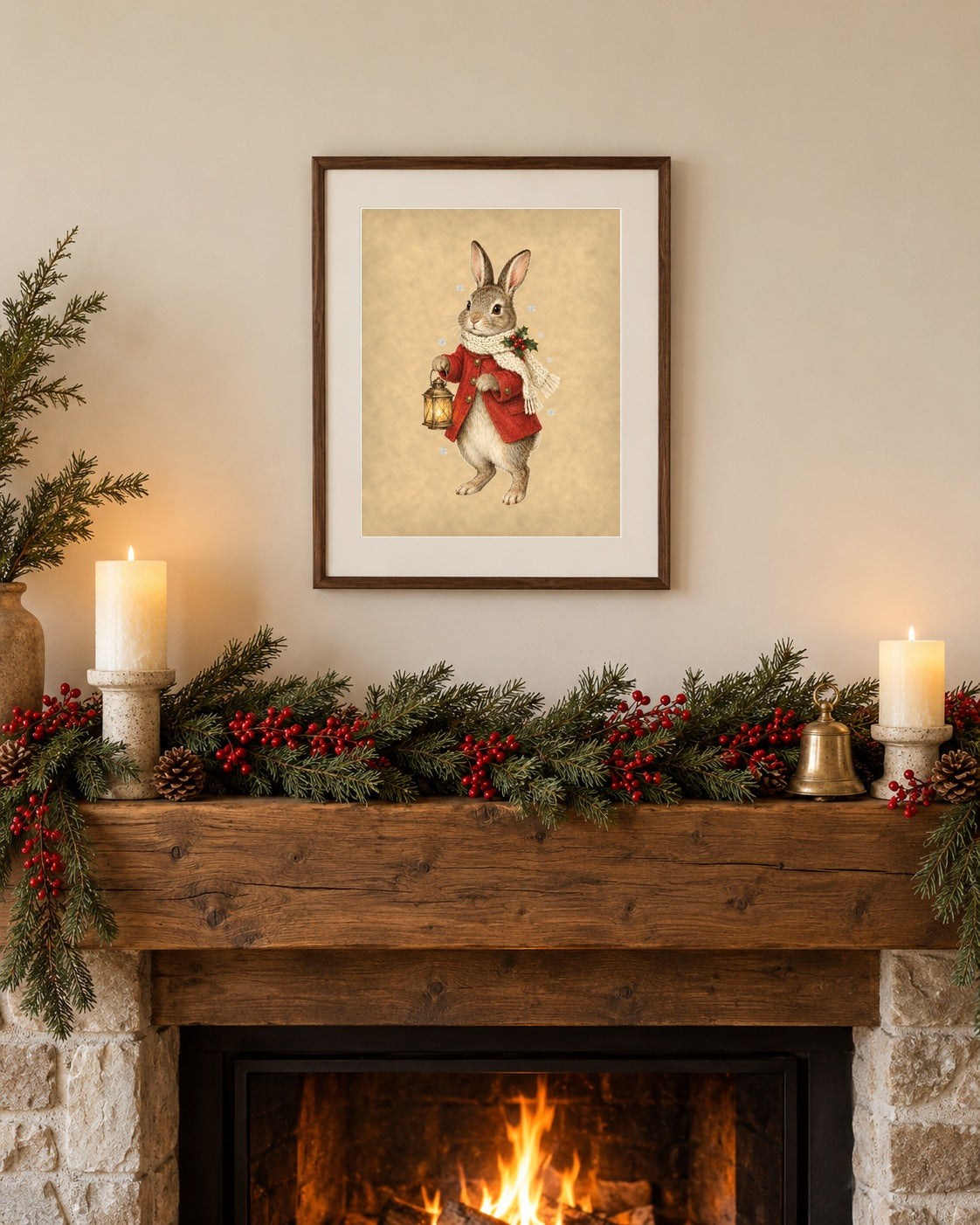Framed vintage Christmas bunny in red coat print above a holly-garland fireplace mantel