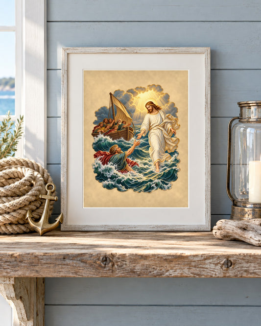Jesus walks on water print framed on a seaside entry shelf