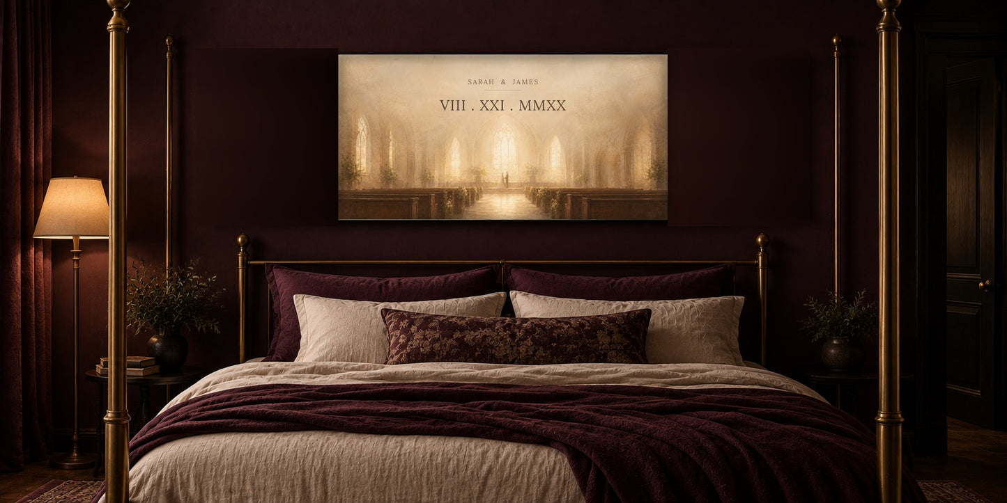 Wedding date Roman numerals canvas above a brass four-poster bed in a dark aubergine master bedroom