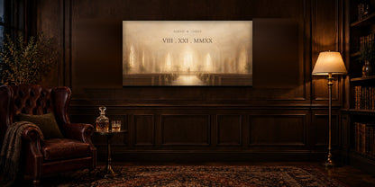 Roman numeral anniversary canvas in a dark walnut-panelled sitting room with an oxblood wingback chair