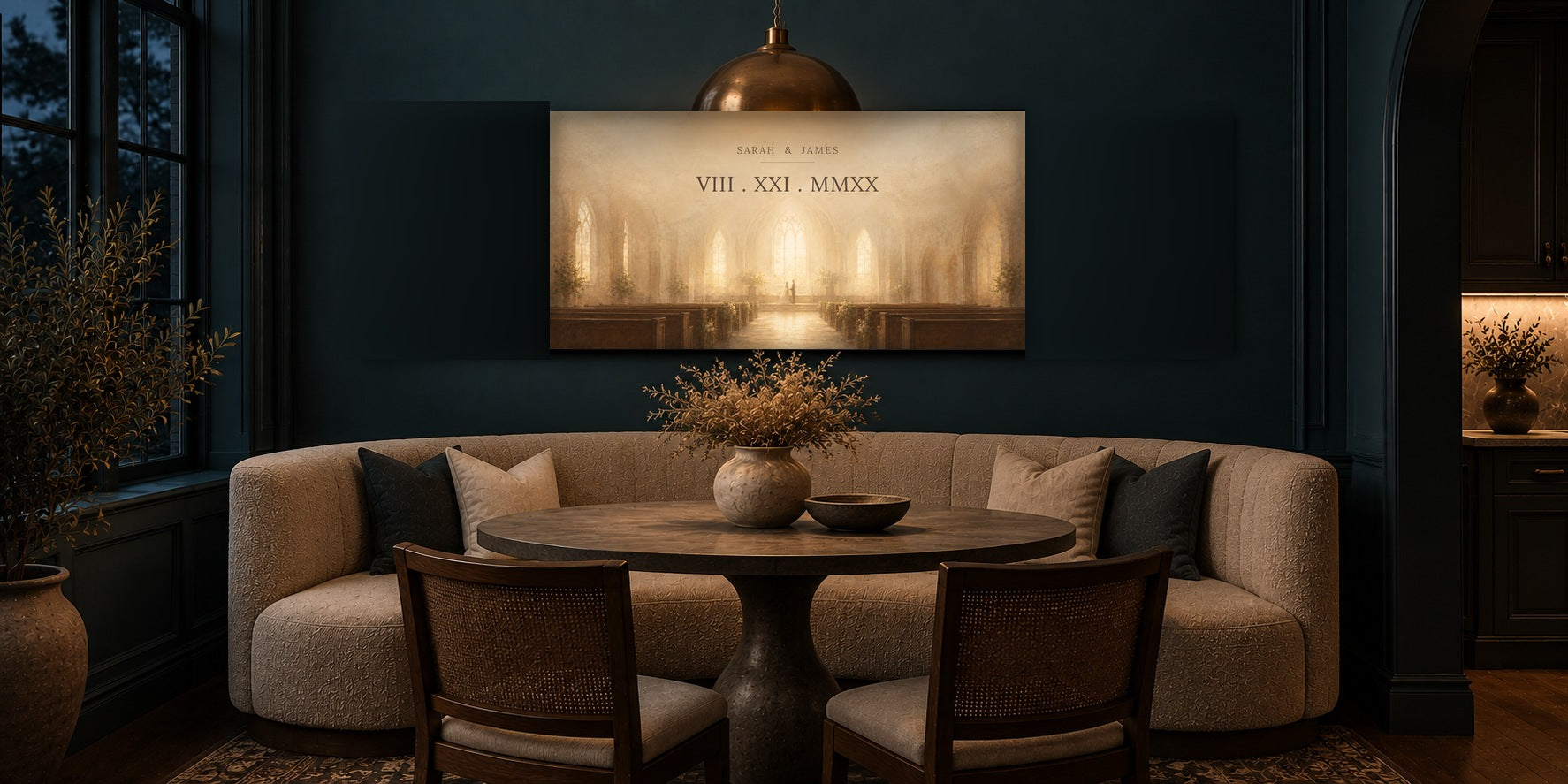 Custom wedding date canvas in a deep teal breakfast nook above a boucle banquette