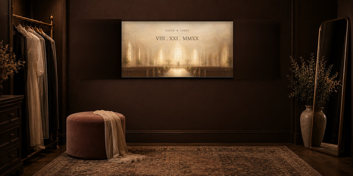 Anniversary keepsake canvas in a dark chocolate dressing room with brass rail and velvet ottoman