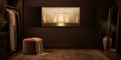 Anniversary keepsake canvas in a dark chocolate dressing room with brass rail and velvet ottoman