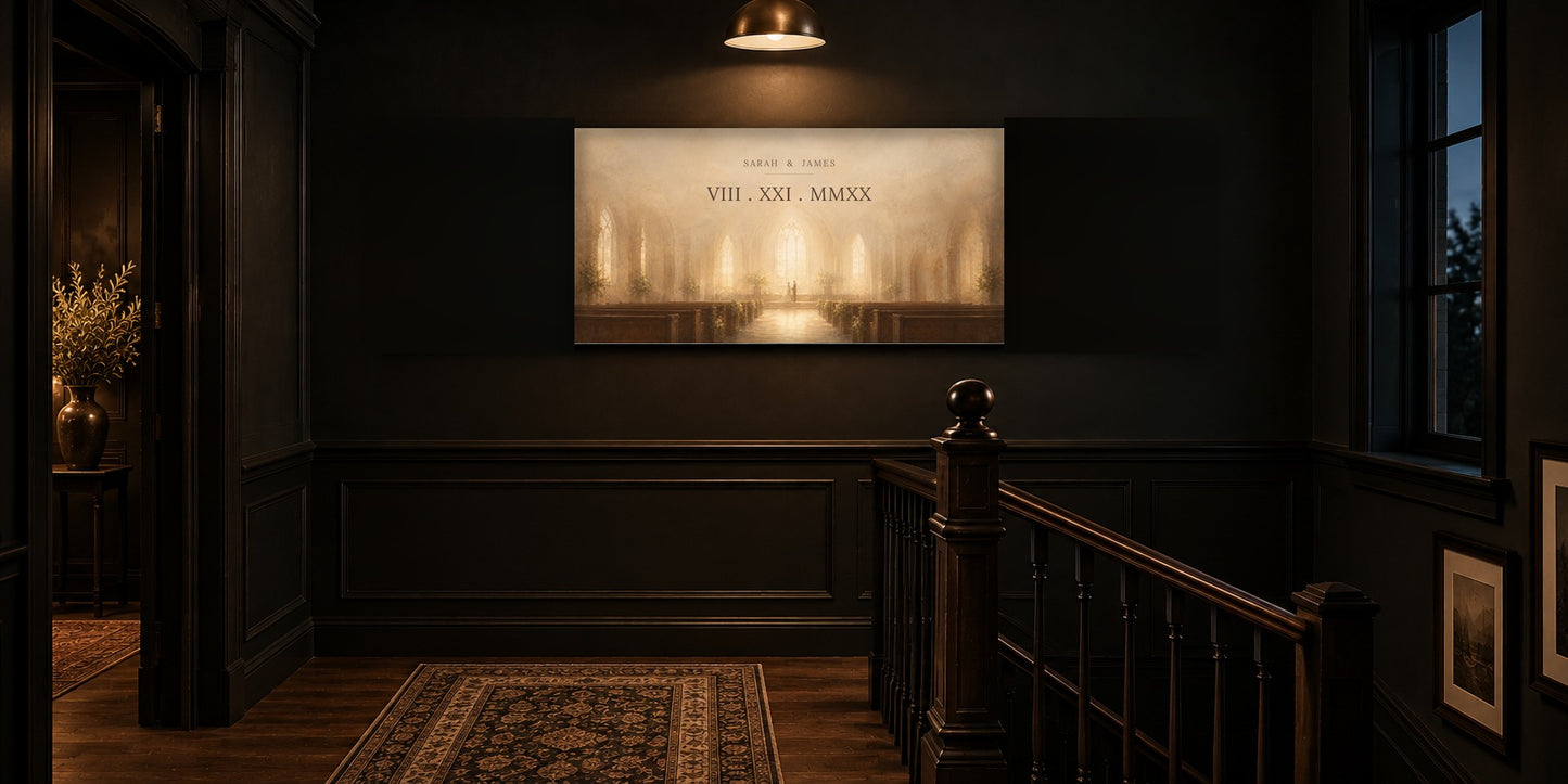 Wedding date canvas on a near-black stair landing above a dark wood bannister