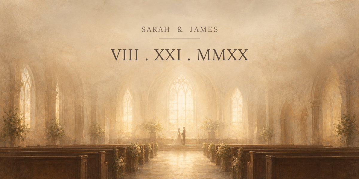 Full artwork - couple names and Roman numeral wedding date over a hazy golden chapel aisle with bride and groom
