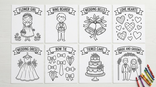 Wedding kids table setting coloring placemats preview