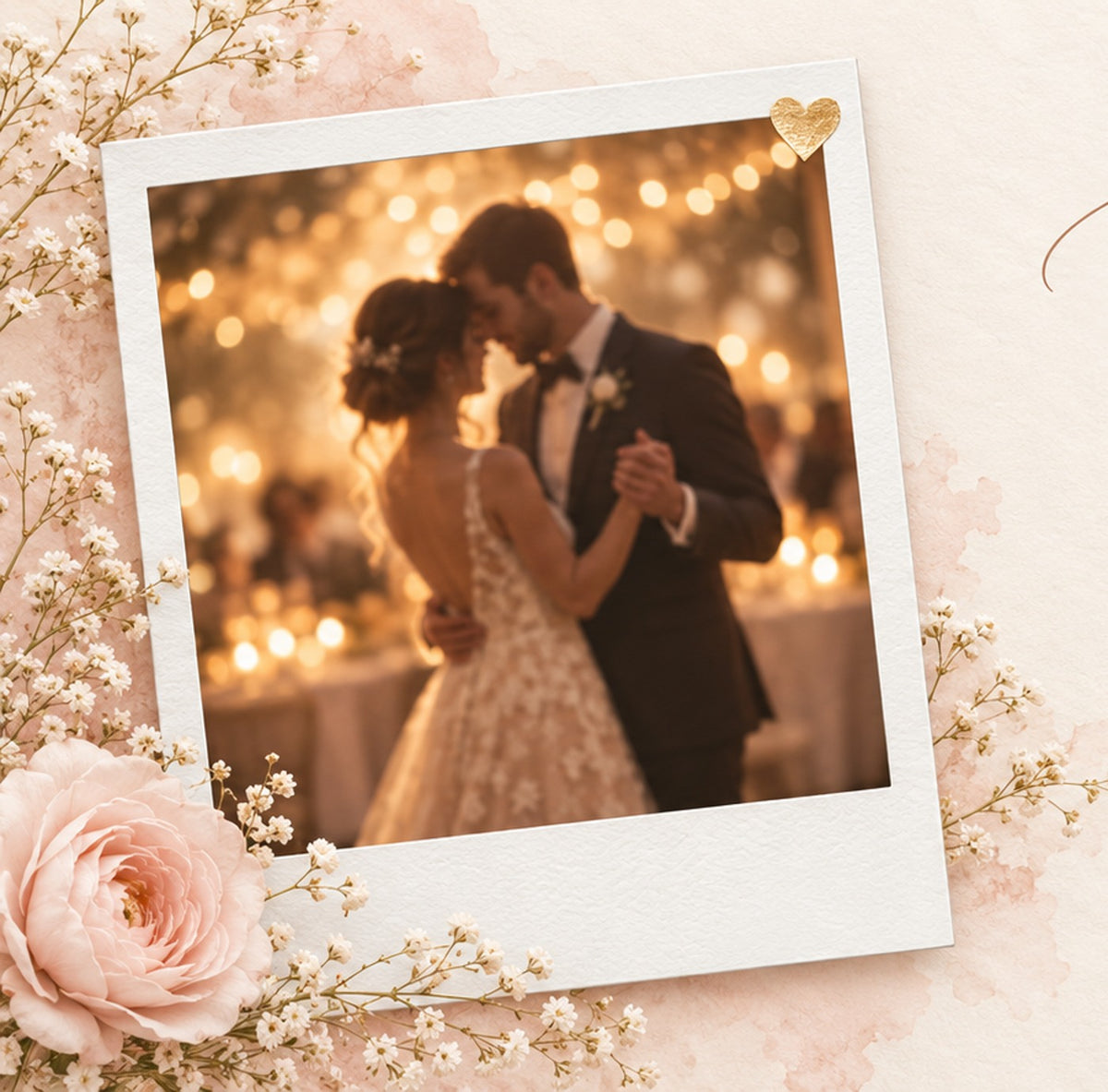 Close-up of the Polaroid wedding photo and script lyrics design