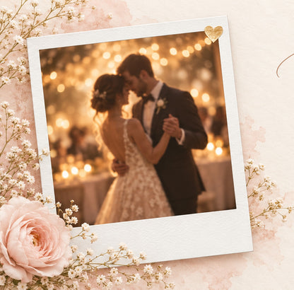 Close-up of the Polaroid wedding photo and script lyrics design
