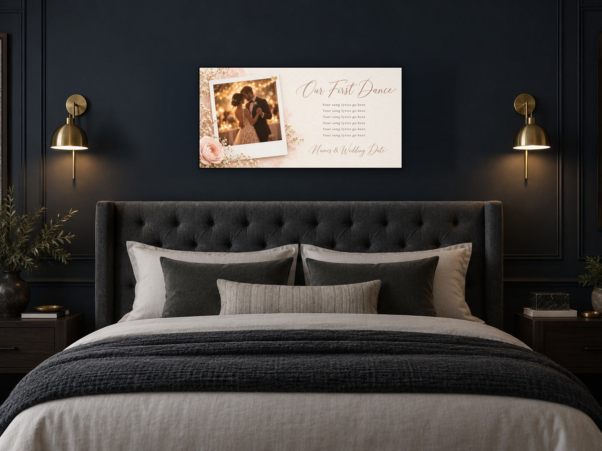 Personalized wedding photo and song canvas above a dark bed headboard