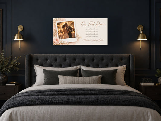 Personalized wedding photo and song canvas above a dark bed headboard