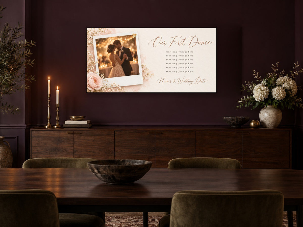Personalized wedding photo and song canvas above a walnut sideboard on a plum wall