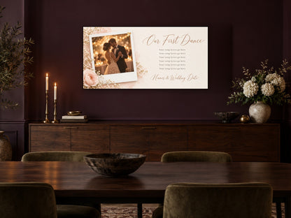 Personalized wedding photo and song canvas above a walnut sideboard on a plum wall