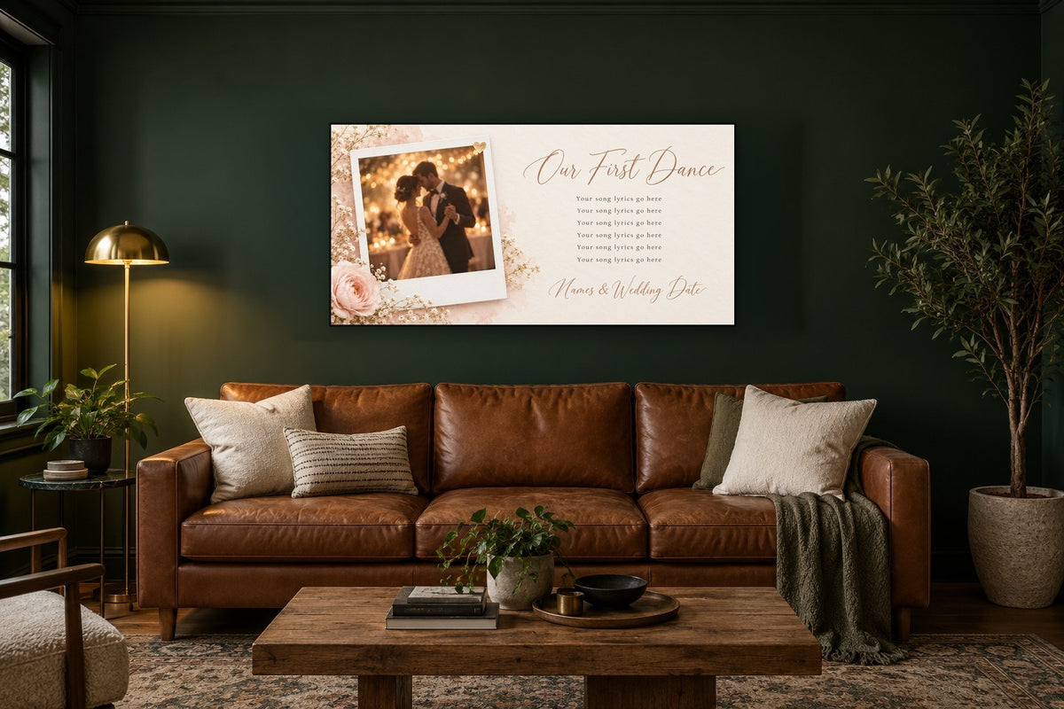 Personalized wedding photo and song canvas above a leather sofa on a green wall