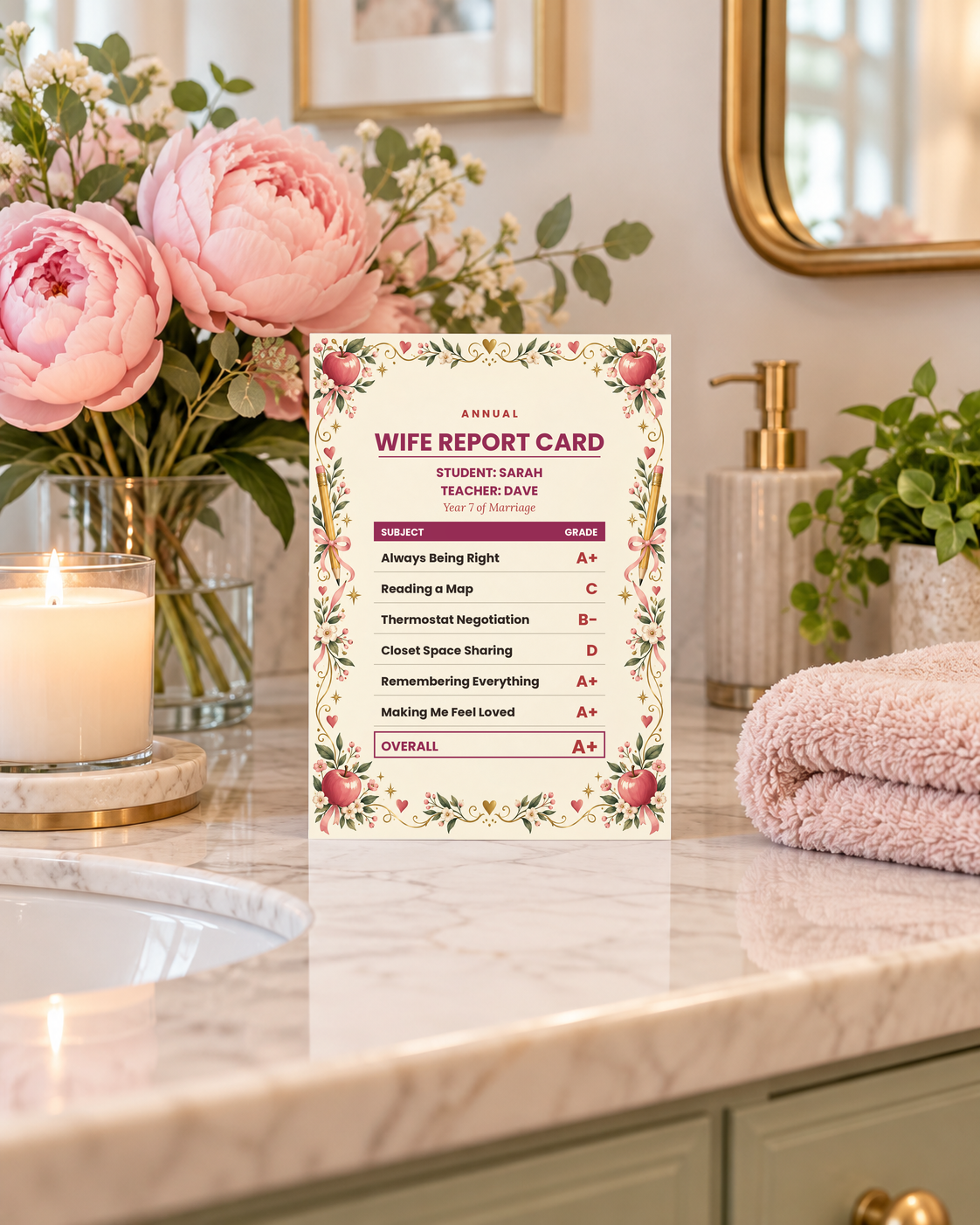 Wife report card on a pretty vanity with peonies