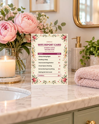 Wife report card on a pretty vanity with peonies