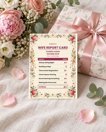 Wife report card leaning on a wrapped gift