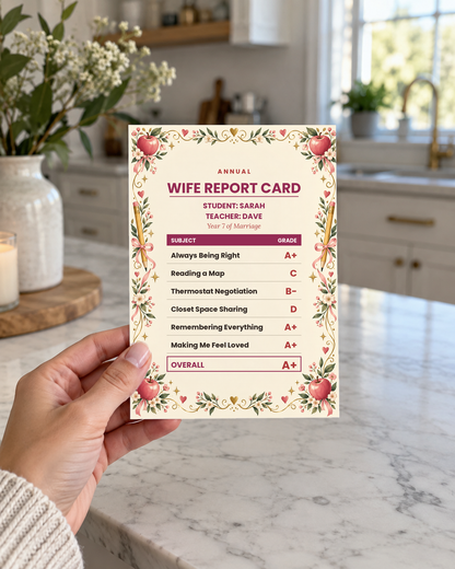 Hand holding the wife report card in a kitchen