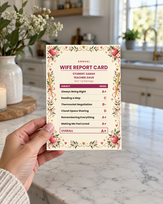 Hand holding the wife report card in a kitchen
