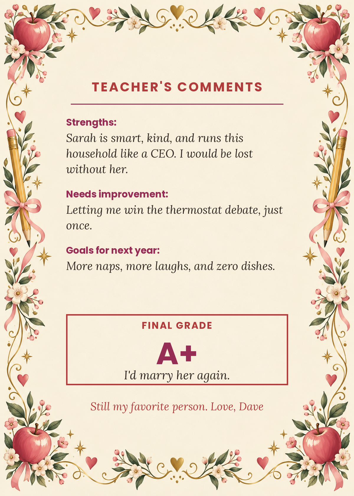 Inside: teacher's comments and final grade A+