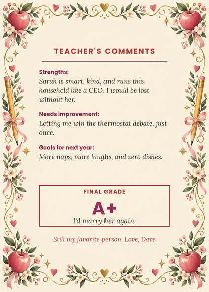 Inside: teacher's comments and final grade A+