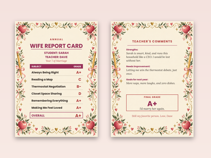 Wife report card cover and teacher's comments inside