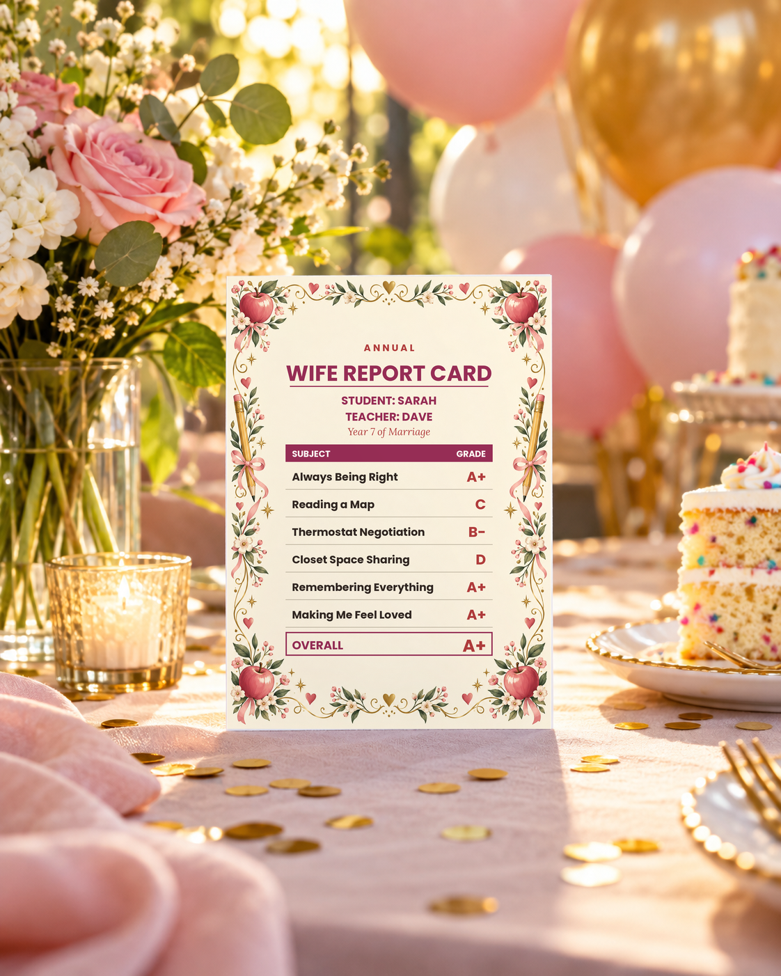 Wife report card on a celebration table