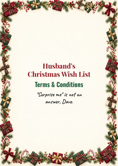Card cover: Husband's Christmas Wish List Terms and Conditions