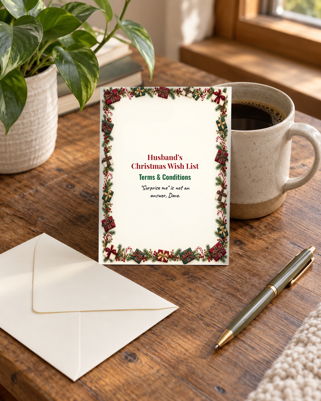 Husband Christmas card on a desk with envelope and pen