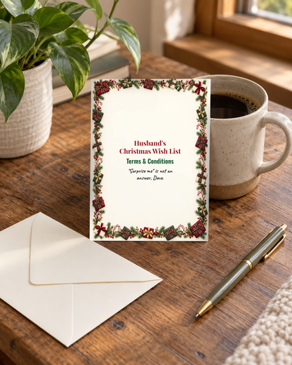 Husband Christmas card on a desk with envelope and pen
