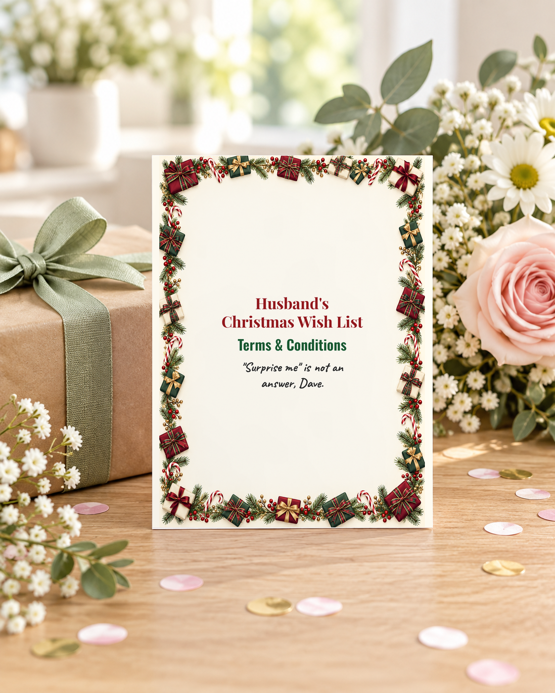 Husband Christmas card next to a wrapped gift