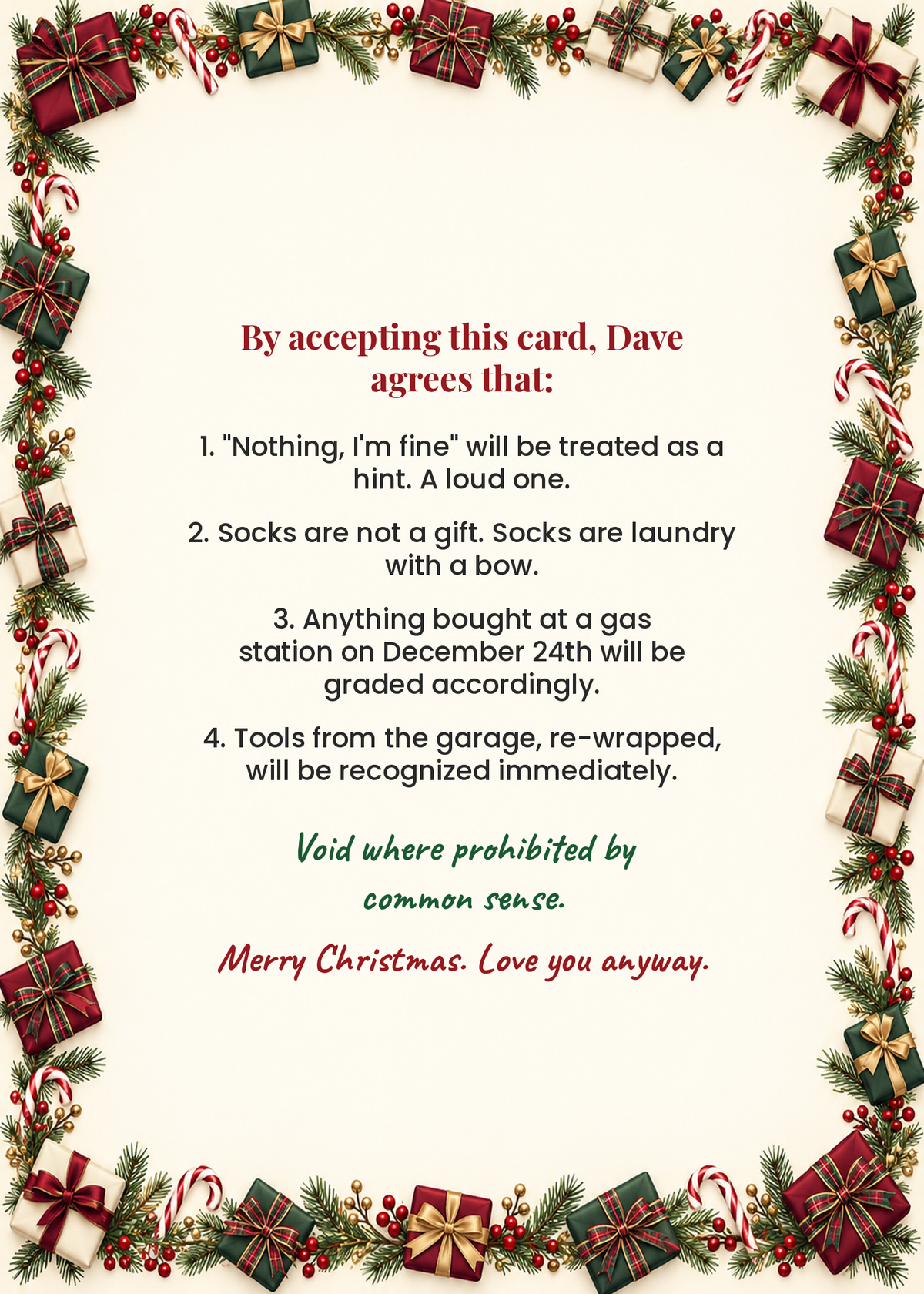Card inside: wish list terms and conditions for husband