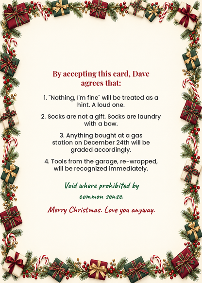 Card inside: wish list terms and conditions for husband