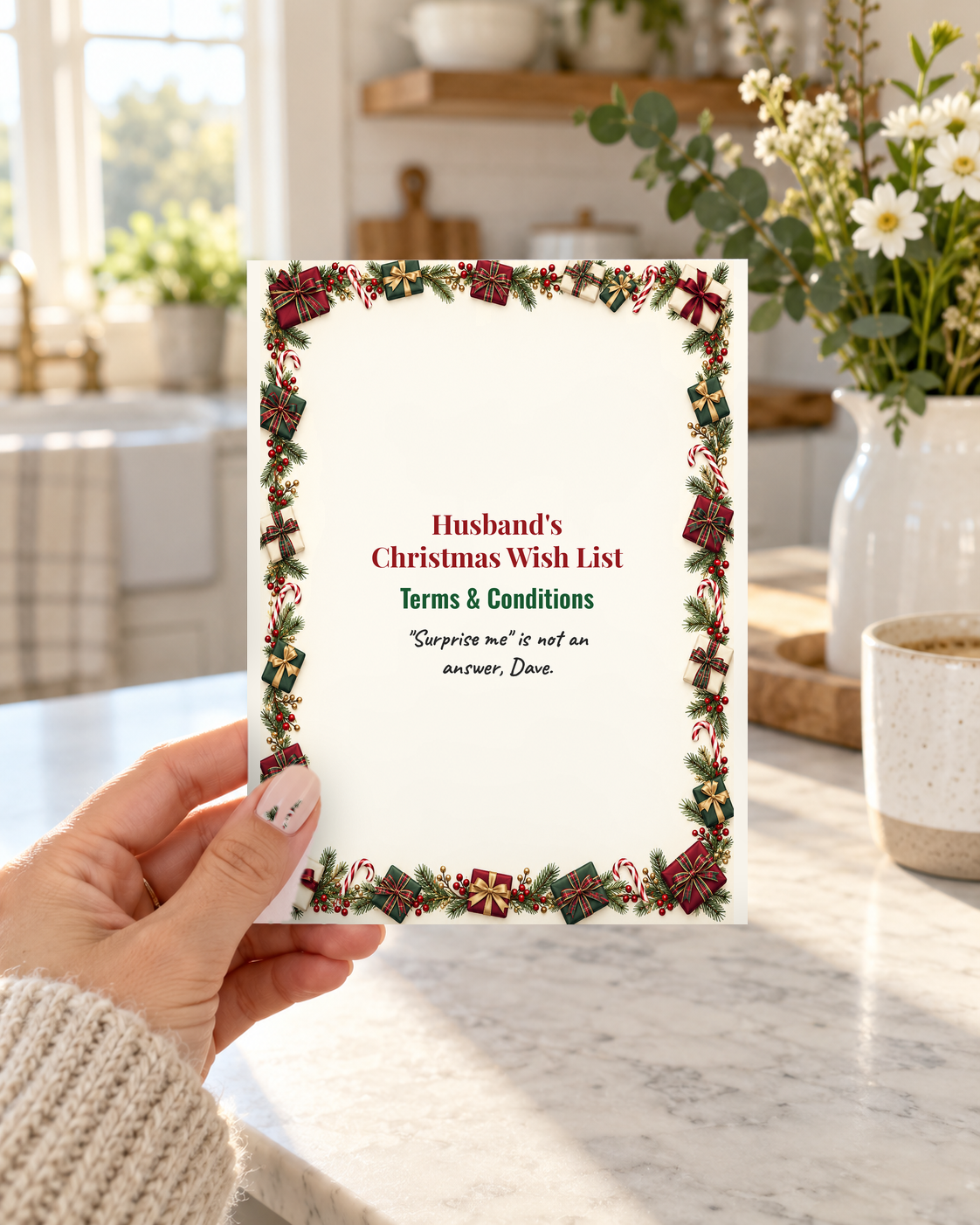 Hand holding funny husband Christmas wish list terms and conditions card