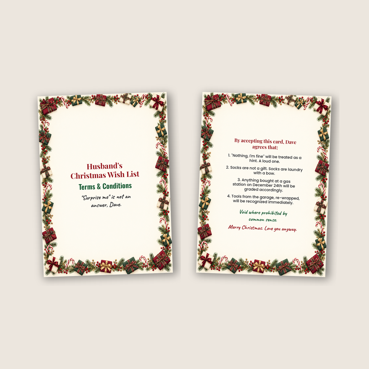 Cover and inside of the funny husband Christmas wish list card