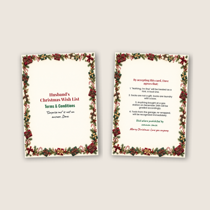 Cover and inside of the funny husband Christmas wish list card