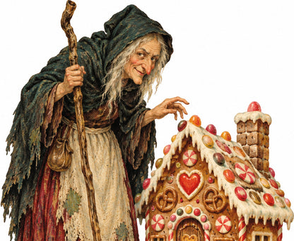 Detail of the gingerbread witch and candy cottage illustration