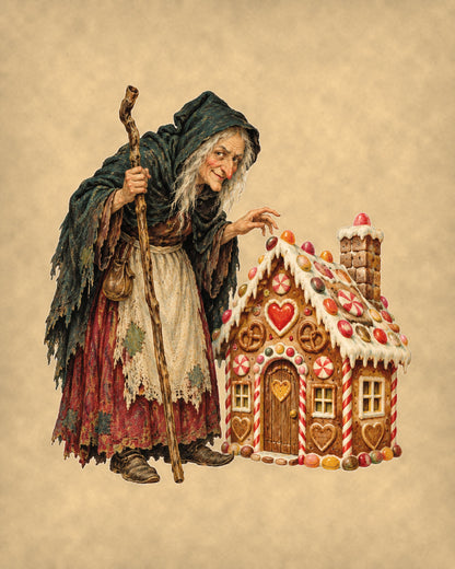 Vintage Hansel and Gretel gingerbread witch 8x10 print on tea-stained parchment