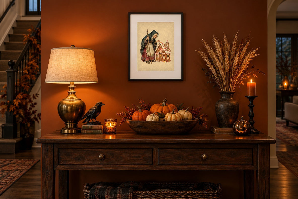 Vintage gingerbread witch print framed above a Halloween entryway console