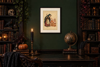 Vintage gingerbread witch print framed in a gothic Halloween library