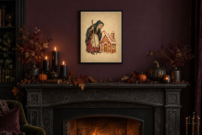 Vintage Hansel and Gretel gingerbread witch print framed above a Halloween fireplace mantel